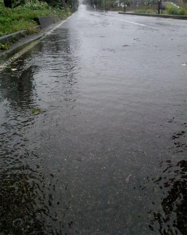 道路に大きな水たまりができているところ